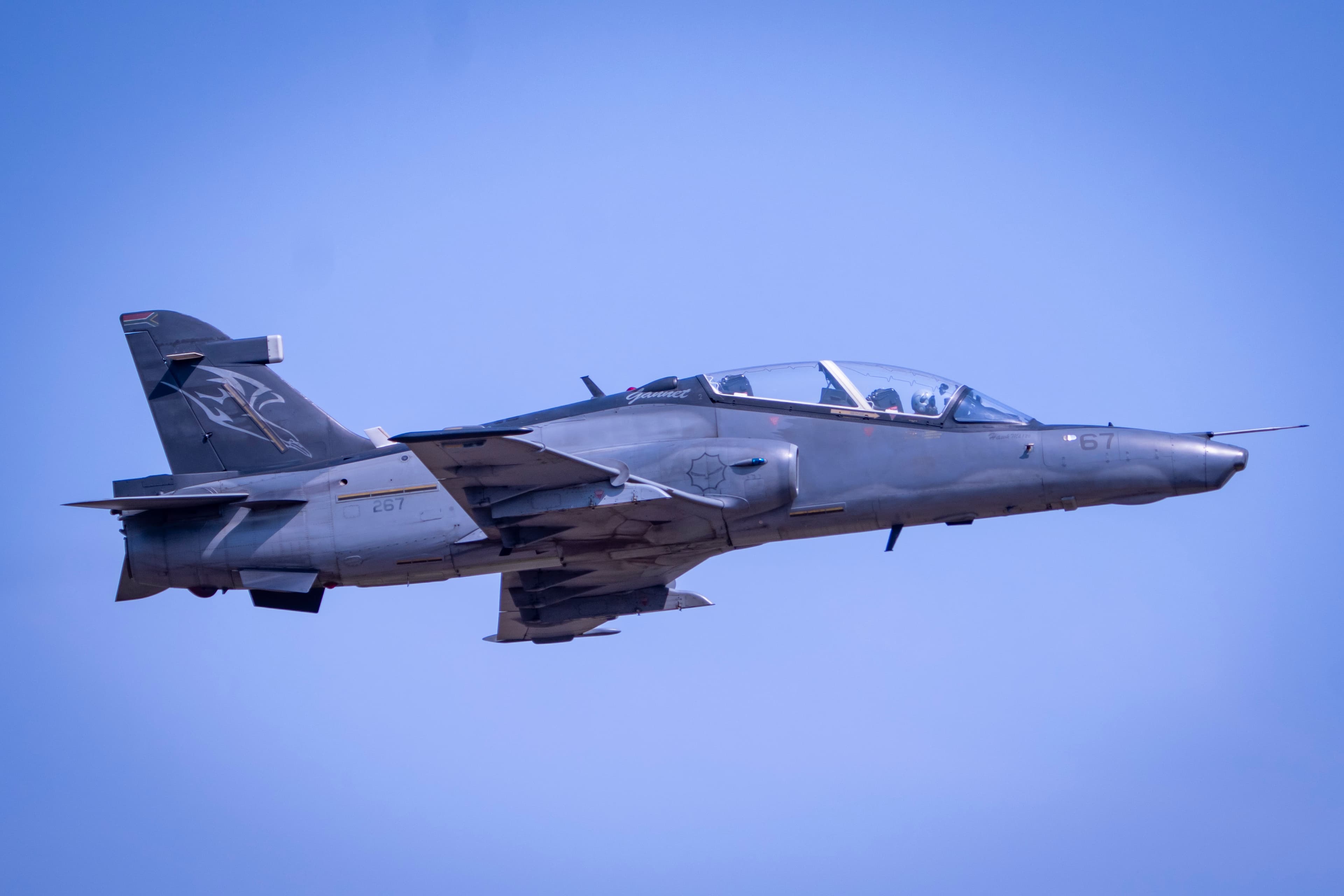 Grey military jet with a tandem cockpit flying against a clear blue sky.