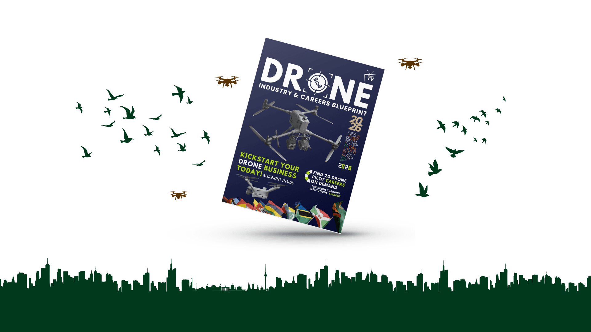Drone industry blueprint cover floating above a city skyline with birds and small drone icons.